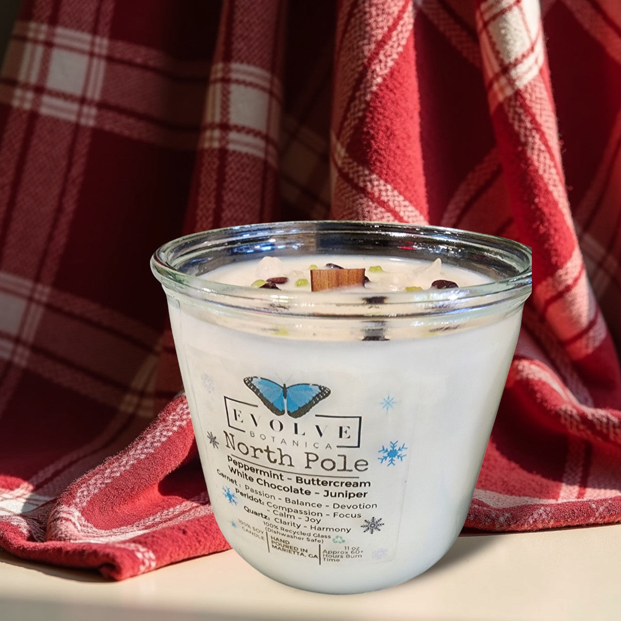 North Pole wood wick soy candle — festive winter holiday atmosphere