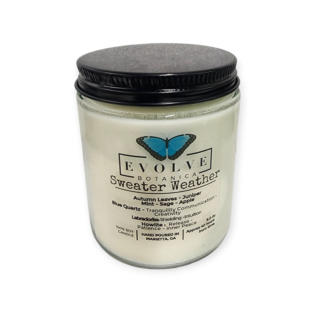 Evolve Botanica Classic 9oz Jam Jar Crystal Soy Candle - Sweater Weather (Howlite & Labradorite)