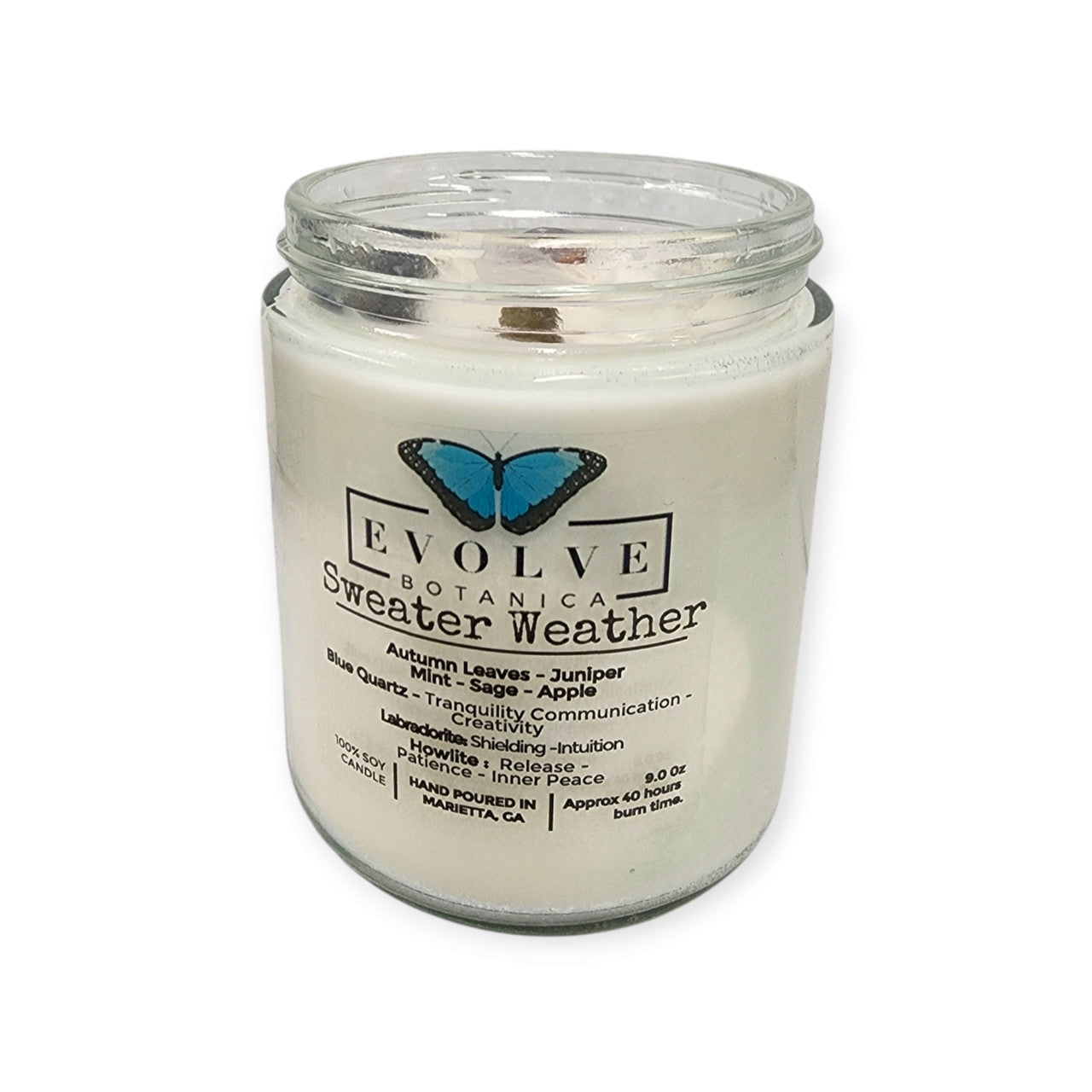 Evolve Botanica Classic 9oz Jam Jar Crystal Soy Candle - Sweater Weather (Howlite & Labradorite)