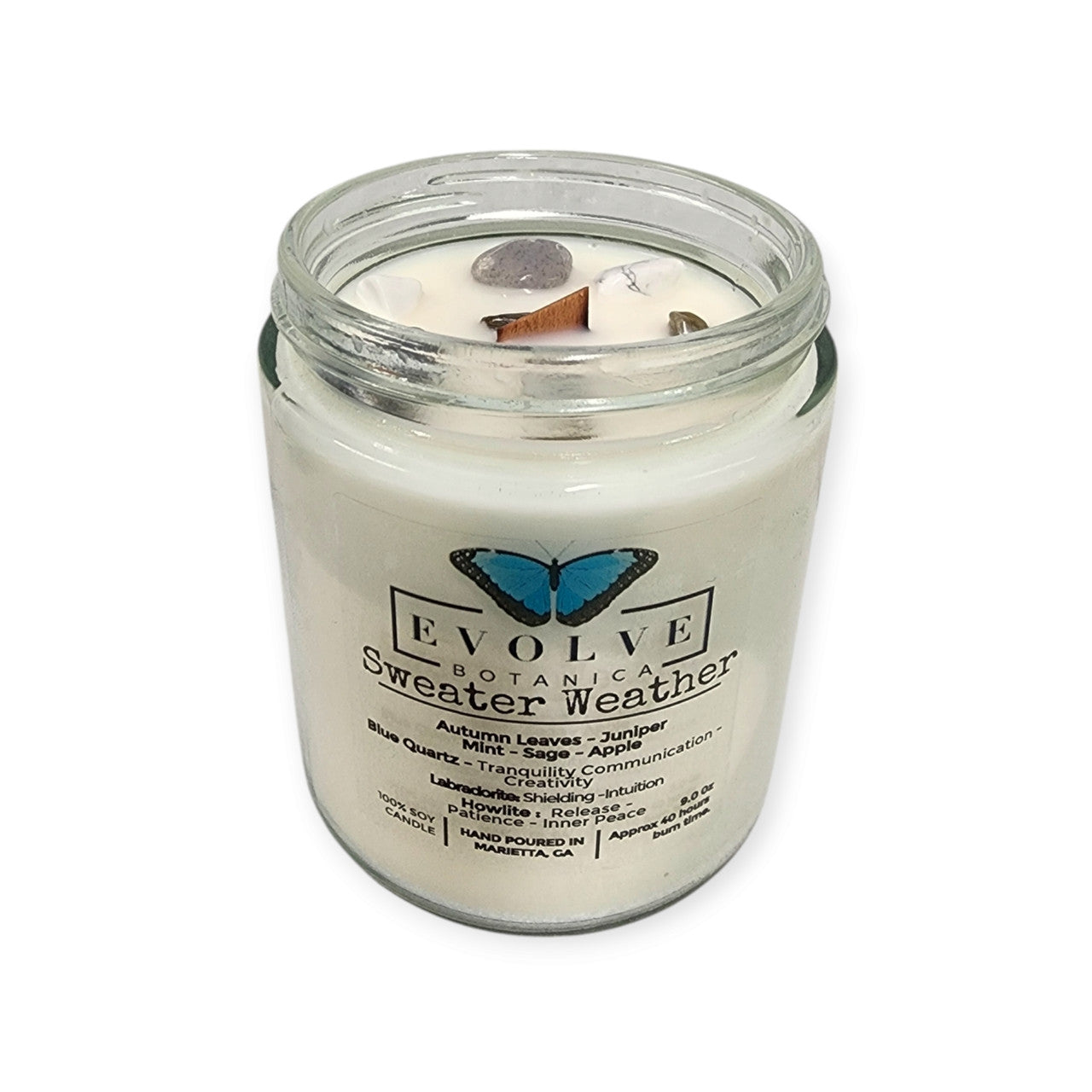 Evolve Botanica Classic 9oz Jam Jar Crystal Soy Candle - Sweater Weather (Howlite & Labradorite)
