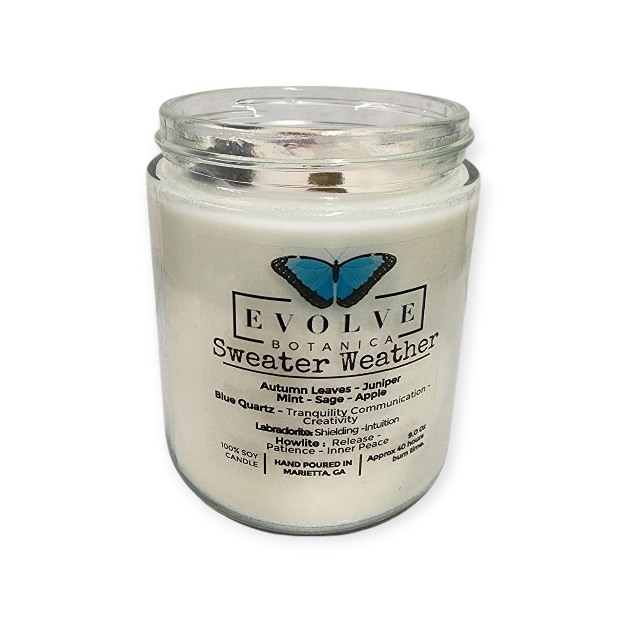 Evolve Botanica Classic 9oz Jam Jar Crystal Soy Candle - Sweater Weather (Howlite & Labradorite)