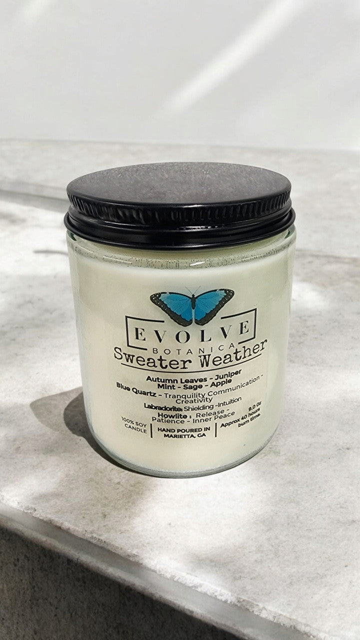 Evolve Botanica Classic 9oz Jam Jar Crystal Soy Candle - Sweater Weather (Howlite & Labradorite)