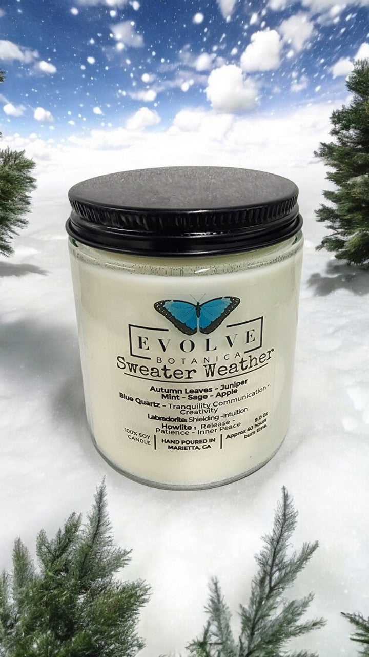 Evolve Botanica Classic 9oz Jam Jar Crystal Soy Candle - Sweater Weather (Howlite & Labradorite)