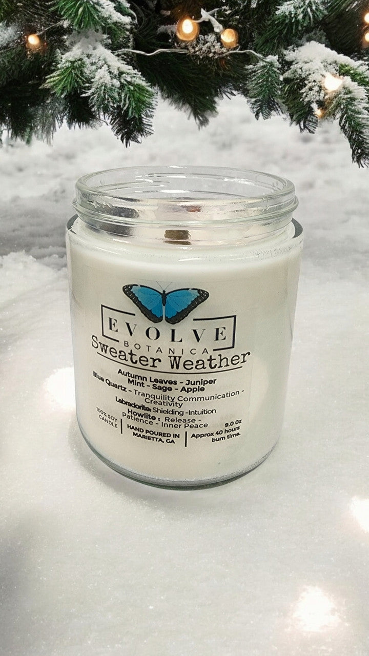 Evolve Botanica Classic 9oz Jam Jar Crystal Soy Candle - Sweater Weather (Howlite & Labradorite)