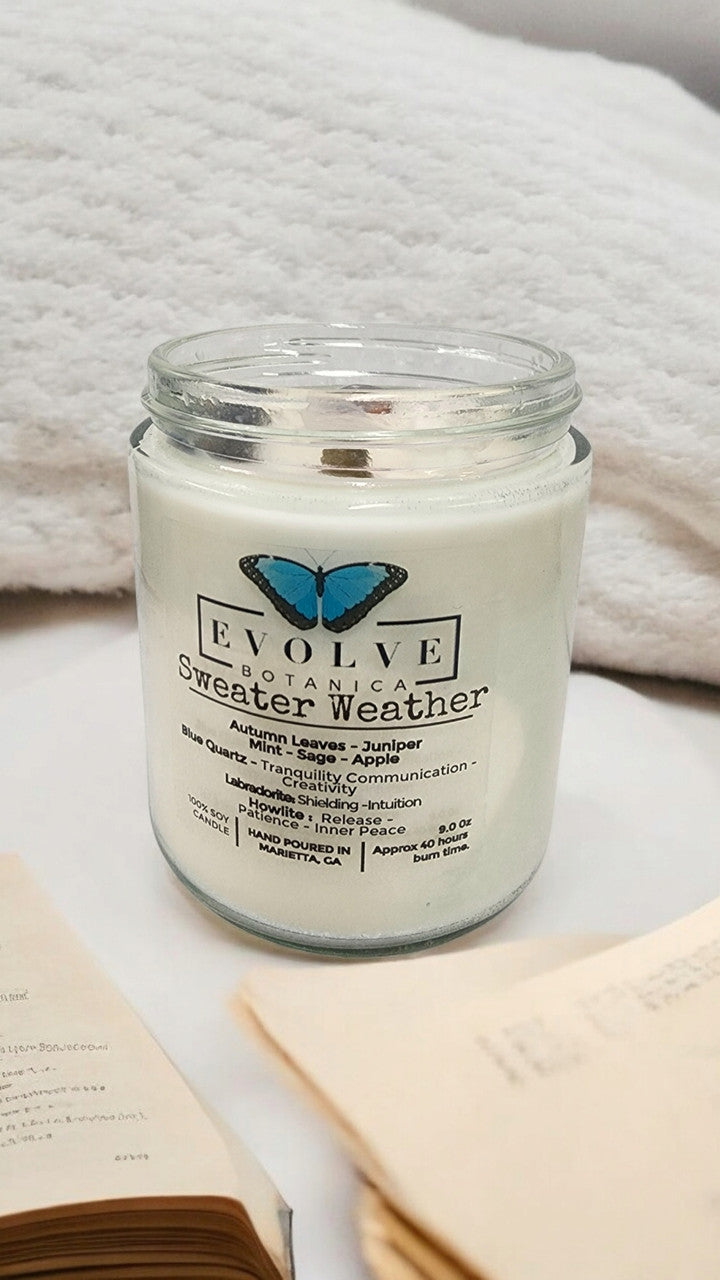 Evolve Botanica Classic 9oz Jam Jar Crystal Soy Candle - Sweater Weather (Howlite & Labradorite)