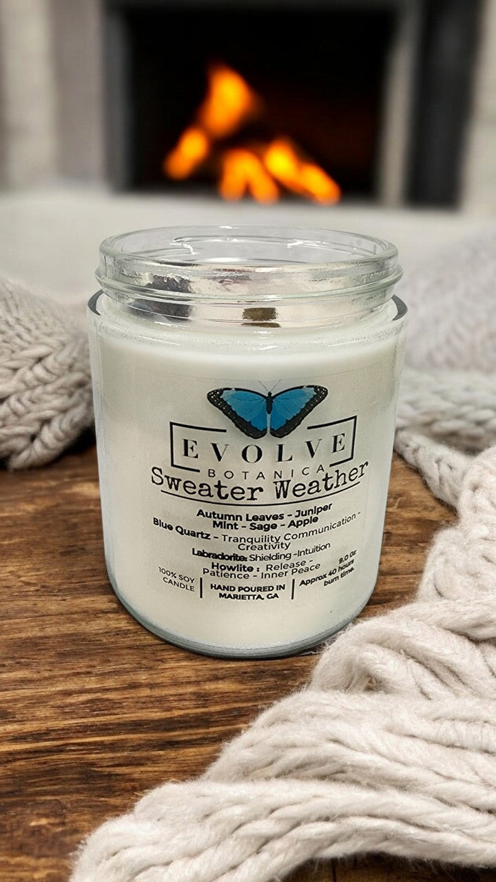 Evolve Botanica Classic 9oz Jam Jar Crystal Soy Candle - Sweater Weather (Howlite & Labradorite)