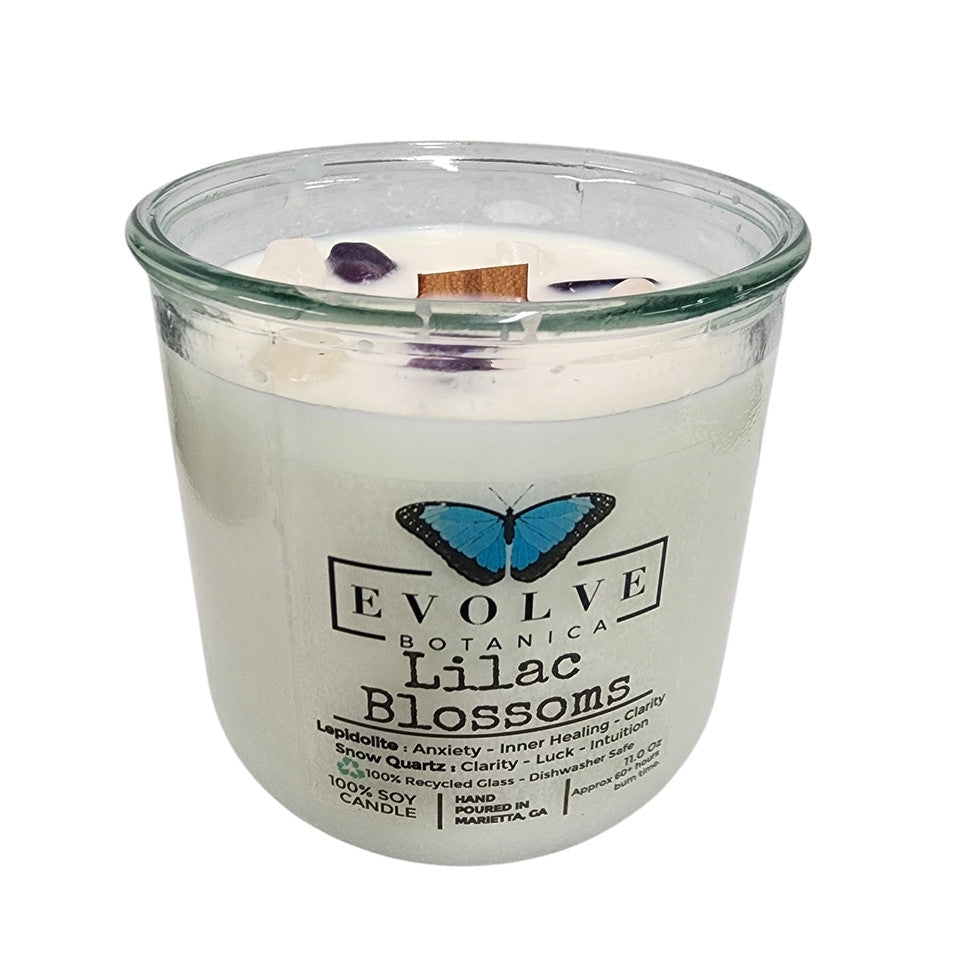 Evolve Botanica Rocks Candle - Lilac Blossoms (Wood Wick, Lepidolite Gemstone Soy Candle)