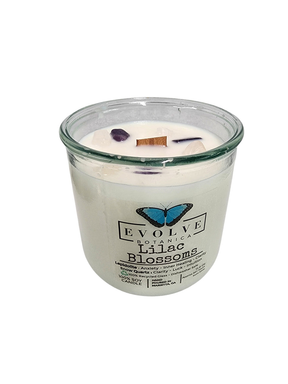 Evolve Botanica Rocks Candle - Lilac Blossoms (Wood Wick, Lepidolite Gemstone Soy Candle)
