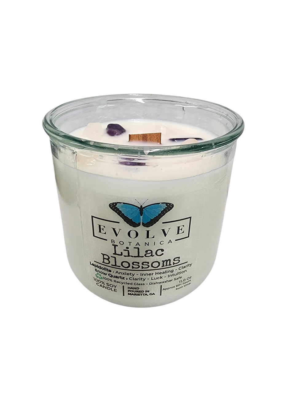 Evolve Botanica Rocks Candle - Lilac Blossoms (Wood Wick, Lepidolite Gemstone Soy Candle)