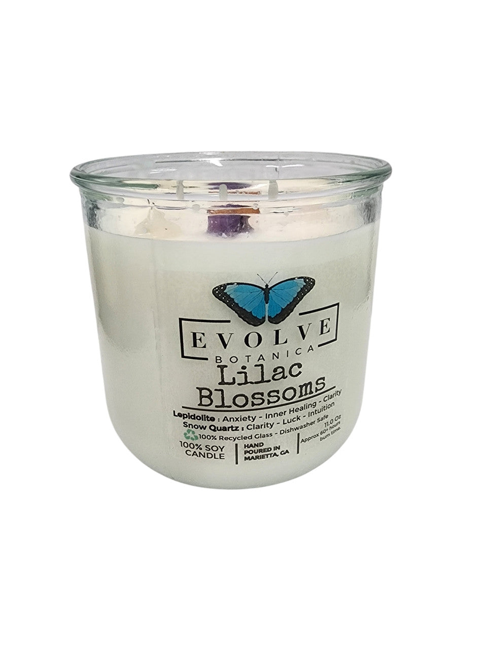 Evolve Botanica Rocks Candle - Lilac Blossoms (Wood Wick, Lepidolite Gemstone Soy Candle)