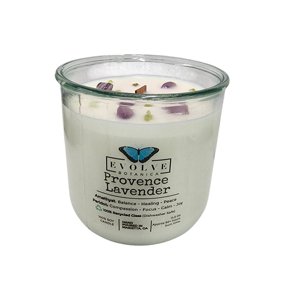 Evolve Botanica Rocks Candle - Provence Lavender (Wood Wick, Amethyst & Peridot Gemstone Soy Candle)