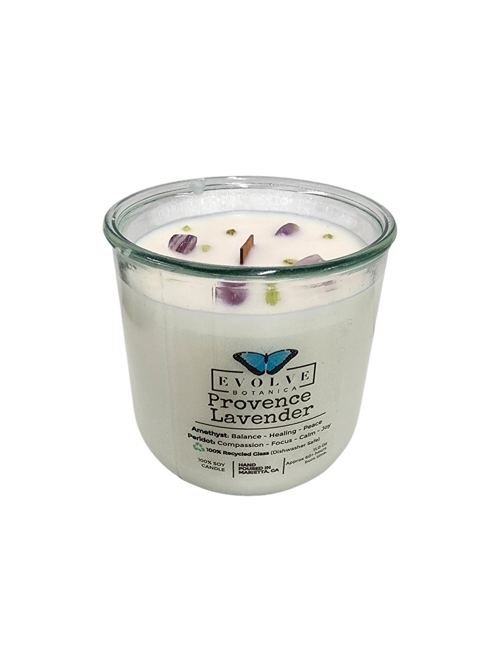 Evolve Botanica Rocks Candle - Provence Lavender (Wood Wick, Amethyst & Peridot Gemstone Soy Candle)