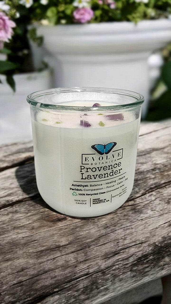 Evolve Botanica Rocks Candle - Provence Lavender (Wood Wick, Amethyst & Peridot Gemstone Soy Candle)