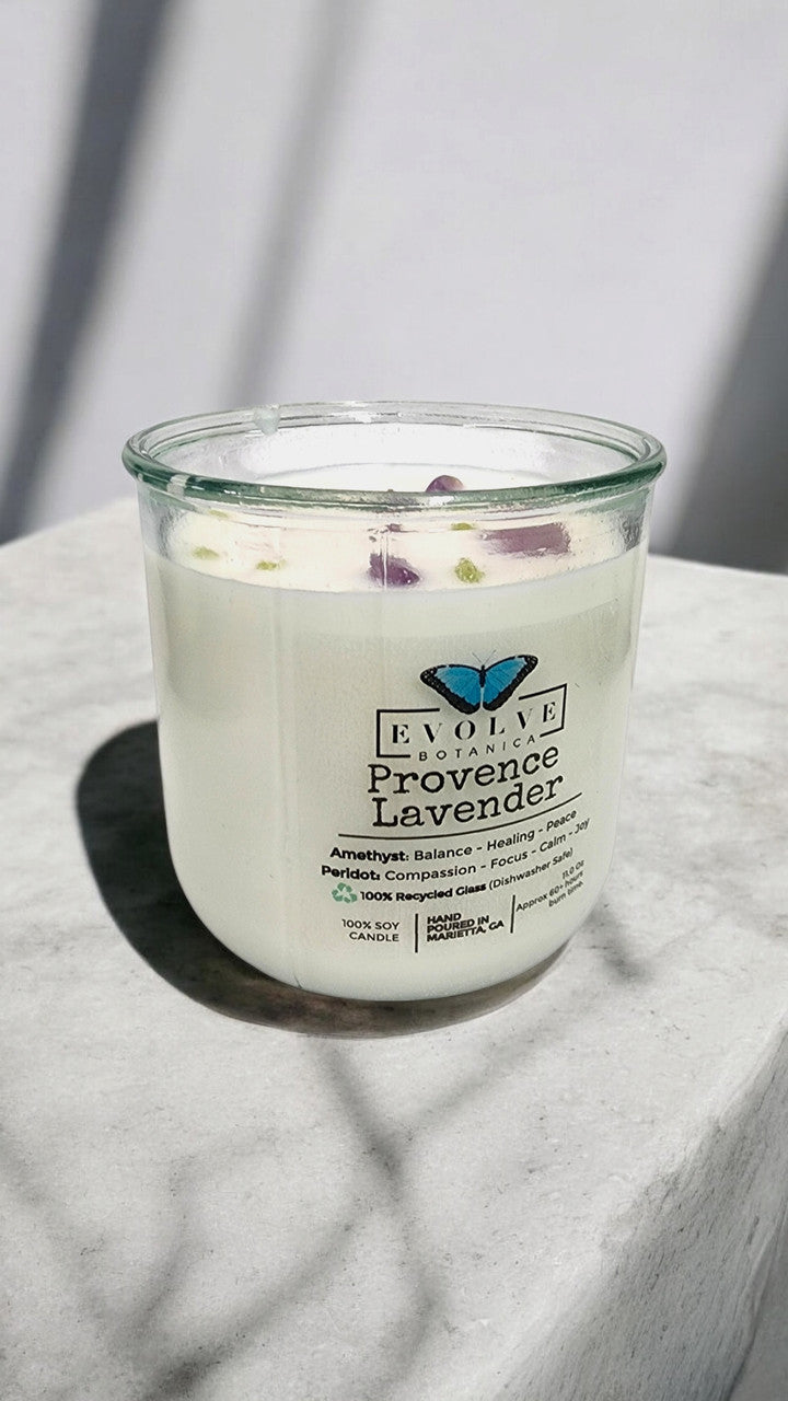 Evolve Botanica Rocks Candle - Provence Lavender (Wood Wick, Amethyst & Peridot Gemstone Soy Candle)