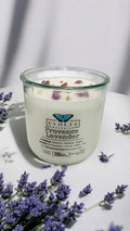 Provence Lavender wood wick soy candle lit — calming lavender field atmosphere