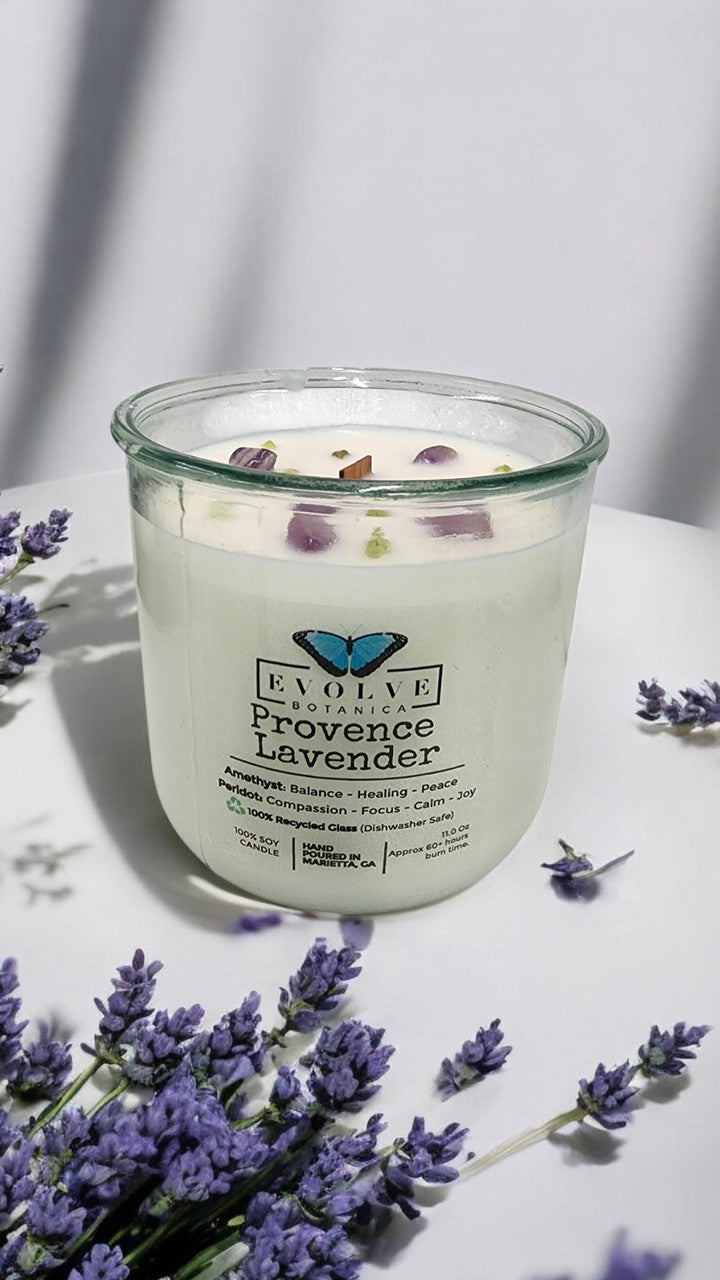 Evolve Botanica Rocks Candle - Provence Lavender (Wood Wick, Amethyst & Peridot Gemstone Soy Candle)