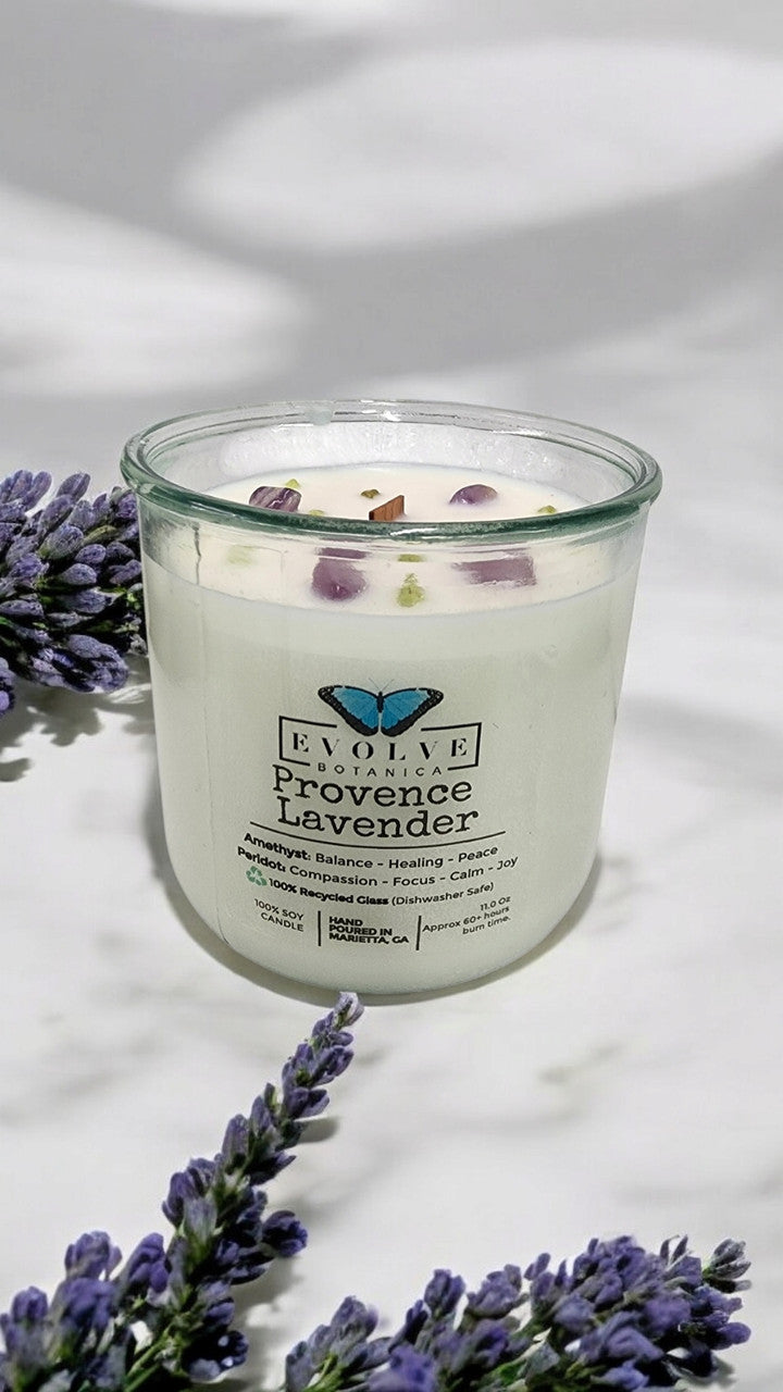Evolve Botanica Rocks Candle - Provence Lavender (Wood Wick, Amethyst & Peridot Gemstone Soy Candle)