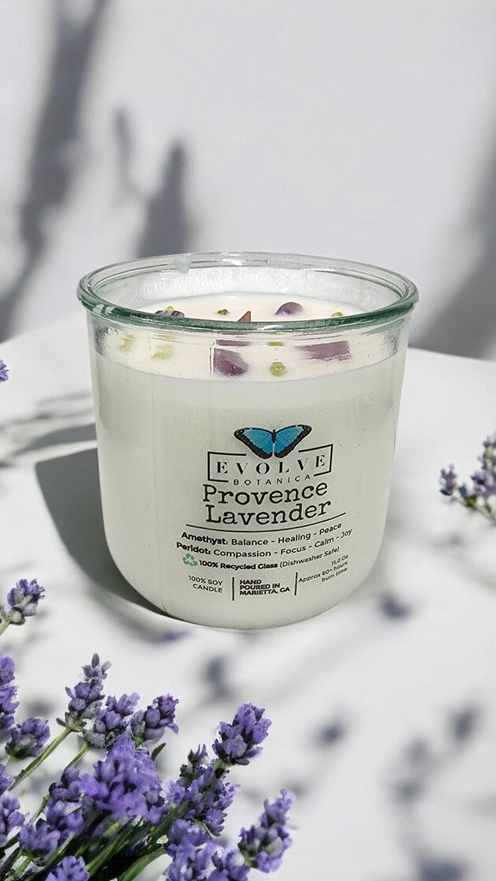 Evolve Botanica Rocks Candle - Provence Lavender (Wood Wick, Amethyst & Peridot Gemstone Soy Candle)
