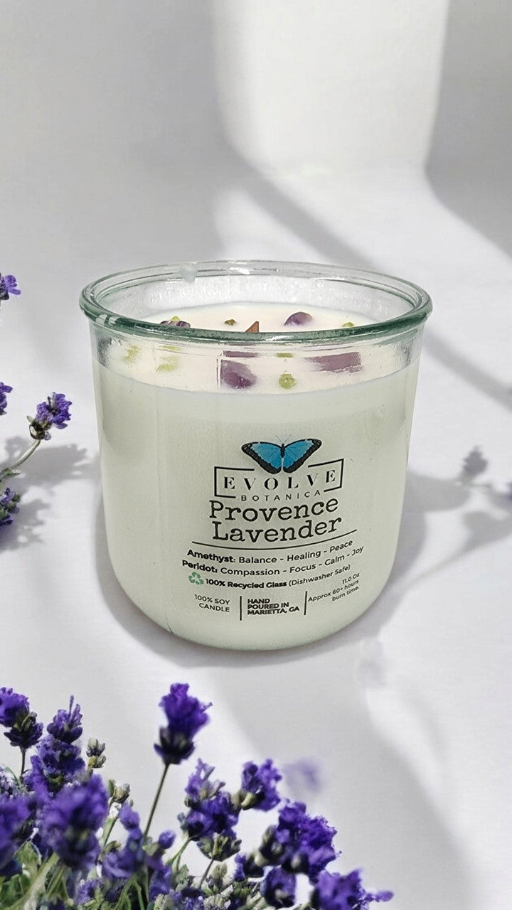 Evolve Botanica Rocks Candle - Provence Lavender (Wood Wick, Amethyst & Peridot Gemstone Soy Candle)