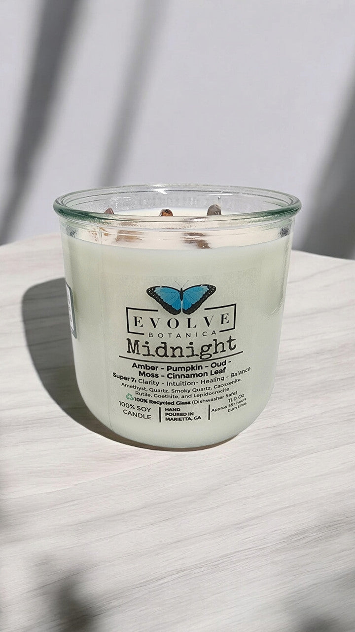Evolve Botanica Rocks Candle - Midnight (Wood Wick, Super Seven Gemstone Soy Candle)