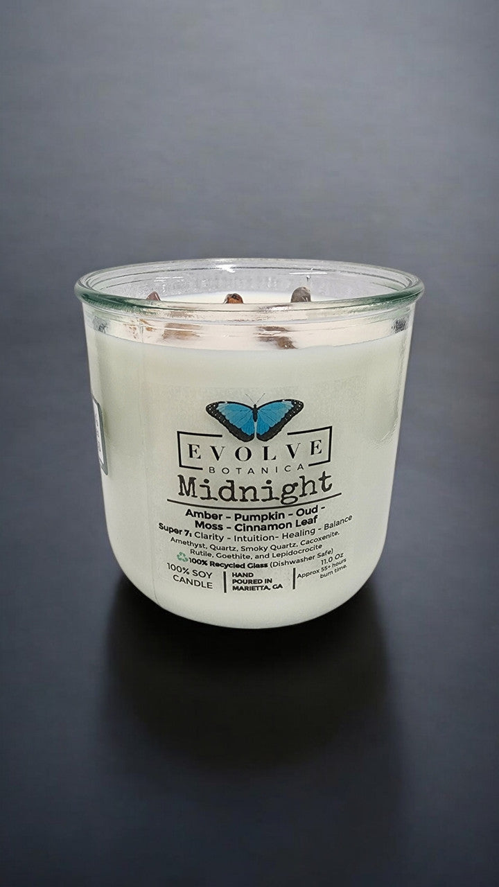 Evolve Botanica Rocks Candle - Midnight (Wood Wick, Super Seven Gemstone Soy Candle)