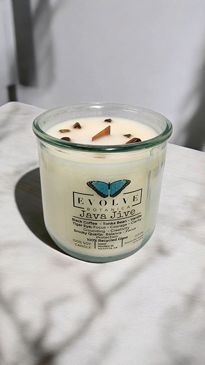Rocks Candle - Java Jive (Wood Wick Tiger Eye & Smoky Quartz Gemstone Soy Candle)