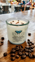 Java Jive wood wick soy candle lit — morning coffee shop atmosphere