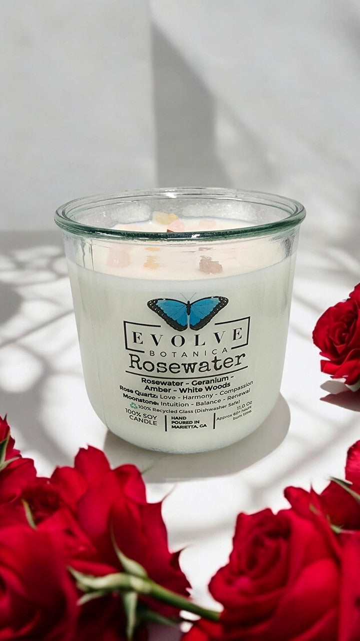 Rosewater candle top-down — wood wick with love-themed dual crystals, rose scent