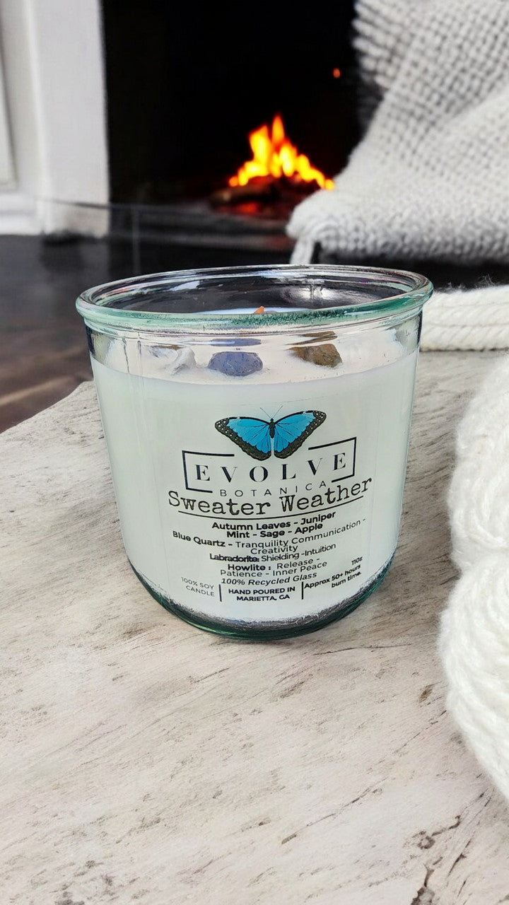 Sweater Weather candle top-down — wood wick, 3 calming crystals topped