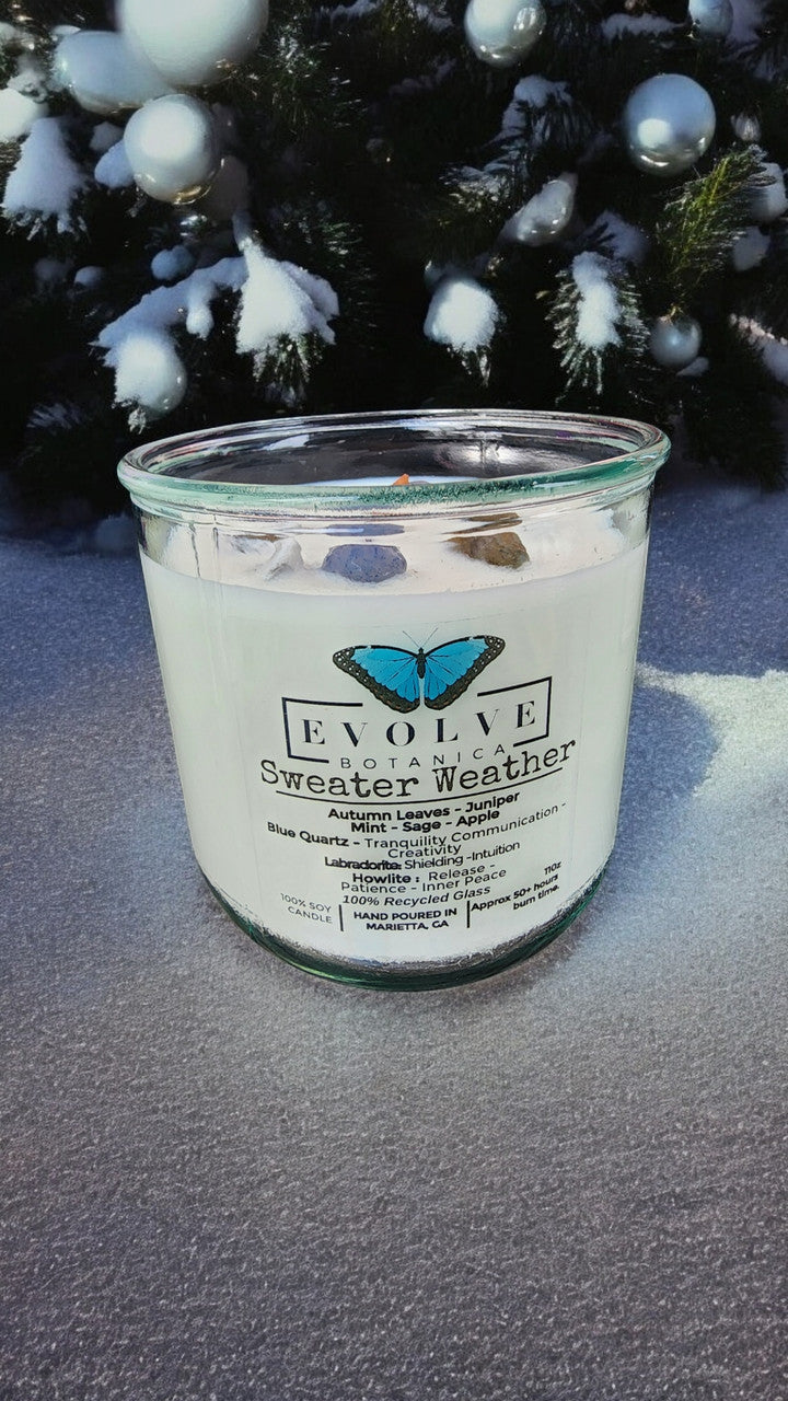Sweater Weather Rocks candle side view showing 3 calming crystals in soy wax
