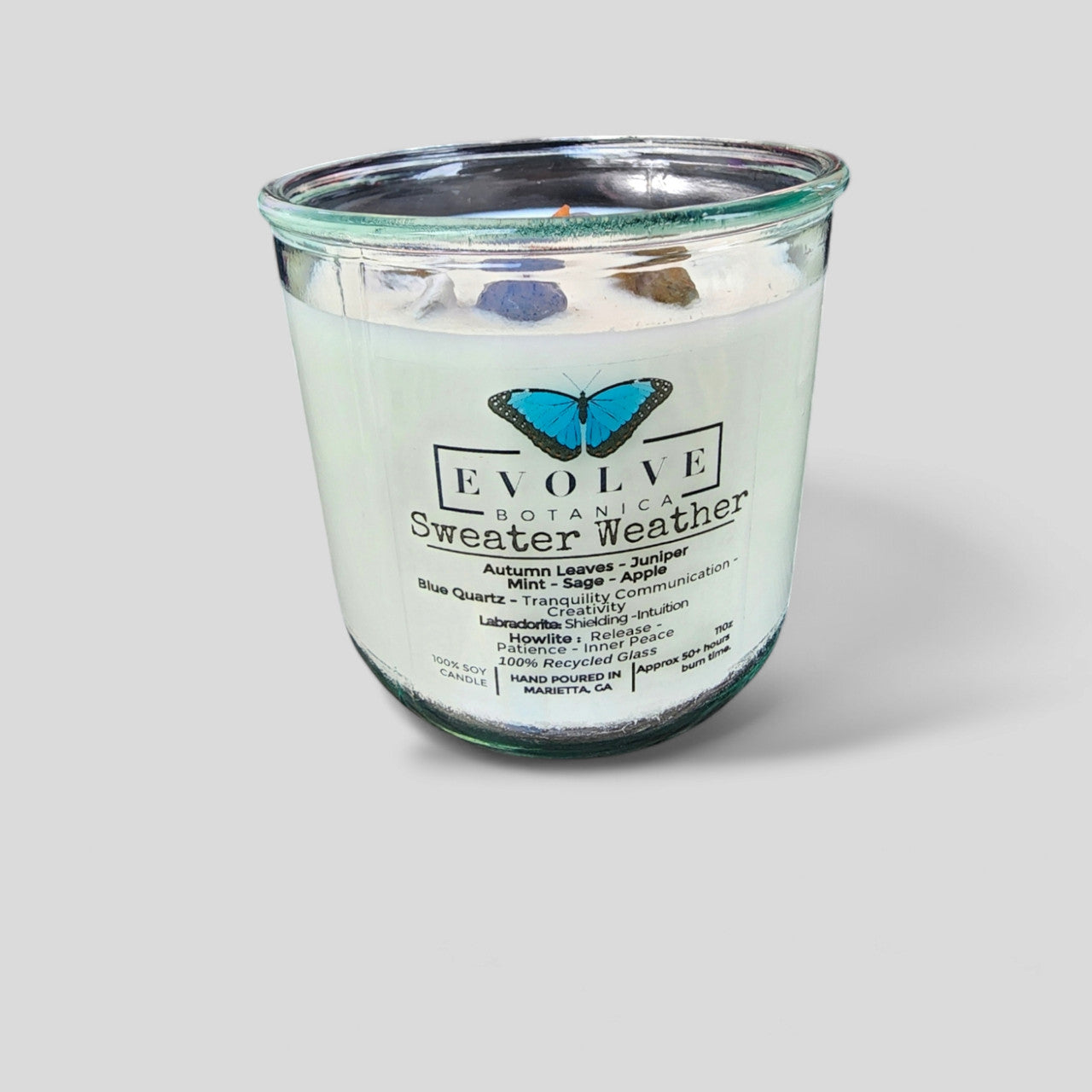 Evolve Botanica Rocks Candle - Sweater Weather (Wood Wick, Howlite (Patience, Peace), Labradorite (Shielding, Intuition), Sodalite (Nurturing, Awareness), Soy Candle)