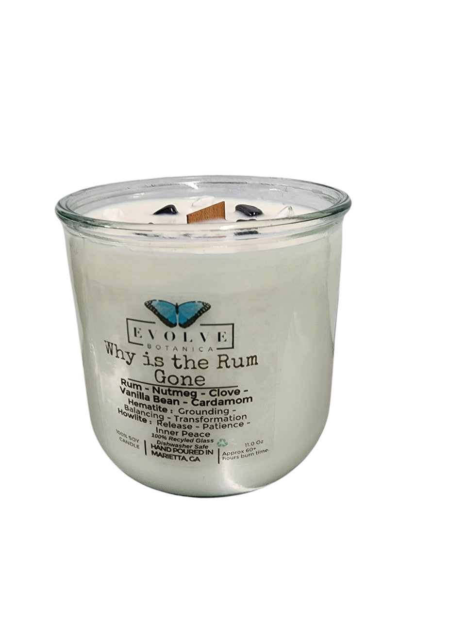Evolve Botanica Rocks Candle - Why Is The Rum Gone? (Wood Wick, Hematite (Grounding, Balancing, Transformation), Howlite (Release, Patience, Inner Peace)