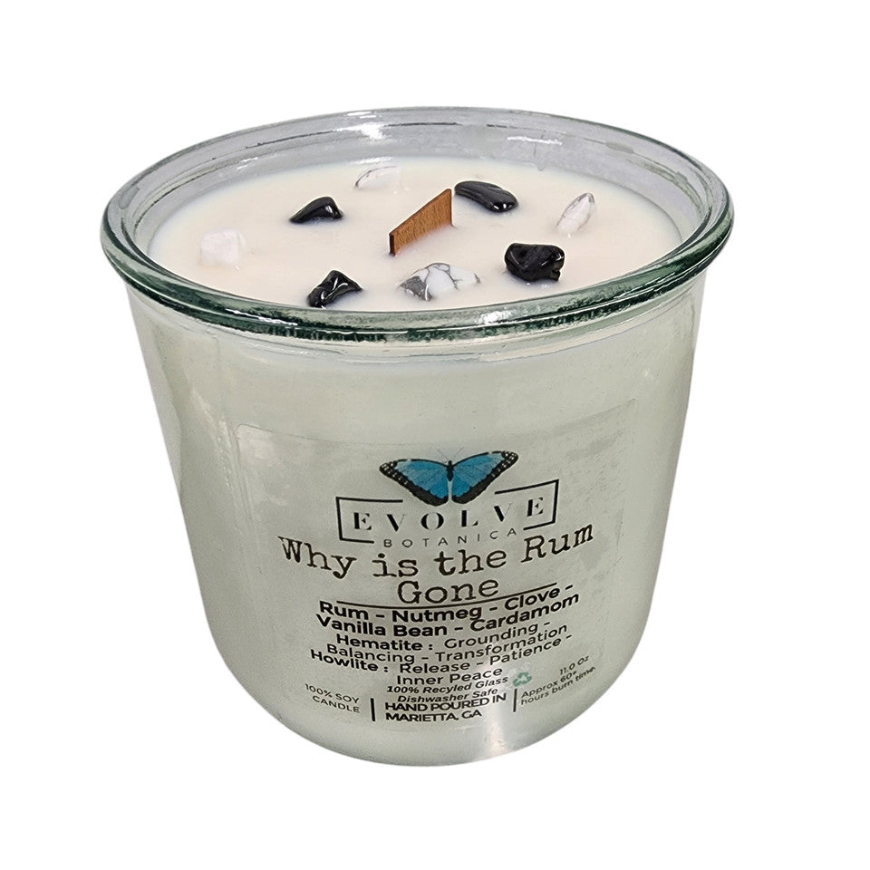 Evolve Botanica Rocks Candle - Why Is The Rum Gone? (Wood Wick, Hematite (Grounding, Balancing, Transformation), Howlite (Release, Patience, Inner Peace)