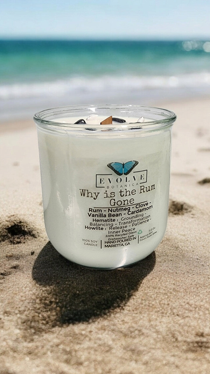 Evolve Botanica Rocks Candle - Why Is The Rum Gone? (Wood Wick, Hematite (Grounding, Balancing, Transformation), Howlite (Release, Patience, Inner Peace)