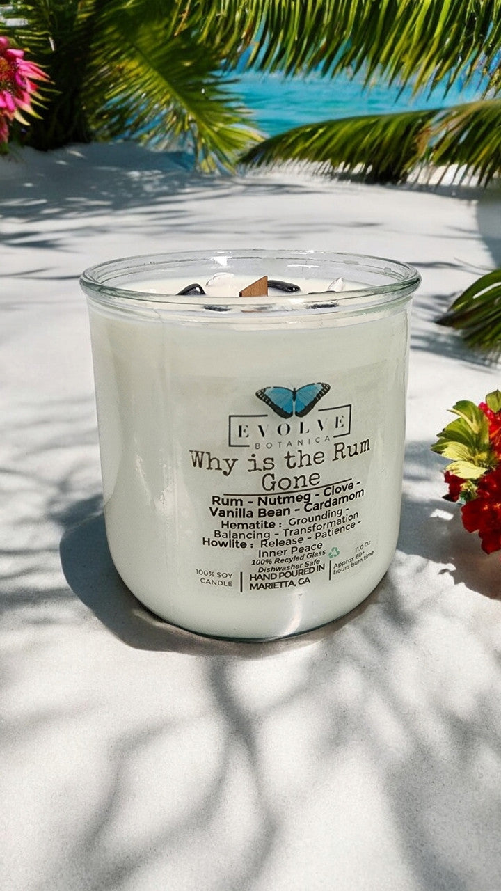 Evolve Botanica Rocks Candle - Why Is The Rum Gone? (Wood Wick, Hematite (Grounding, Balancing, Transformation), Howlite (Release, Patience, Inner Peace)