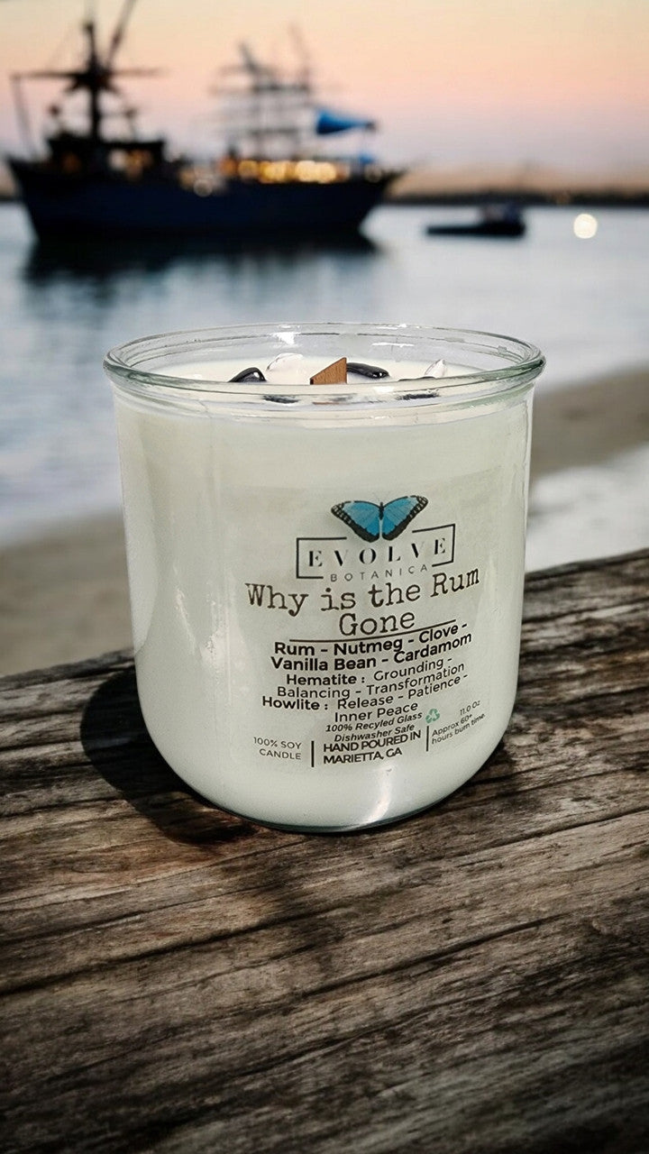 Evolve Botanica Rocks Candle - Why Is The Rum Gone? (Wood Wick, Hematite (Grounding, Balancing, Transformation), Howlite (Release, Patience, Inner Peace)