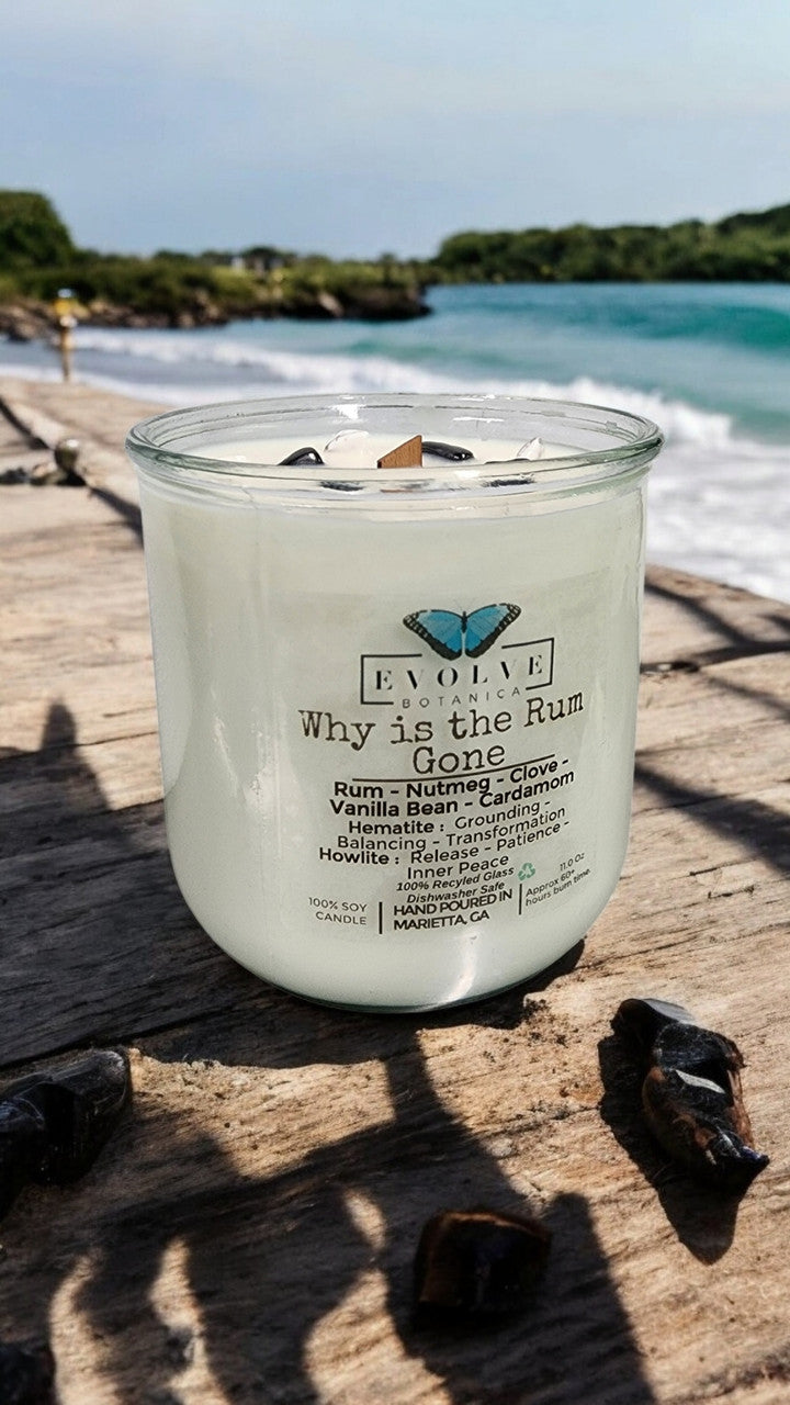 Evolve Botanica Rocks Candle - Why Is The Rum Gone? (Wood Wick, Hematite (Grounding, Balancing, Transformation), Howlite (Release, Patience, Inner Peace)