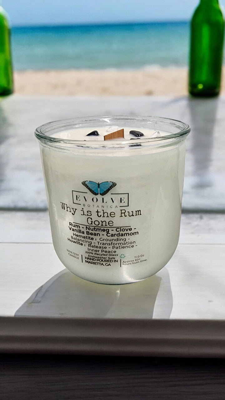 Why Is The Rum Gone? Rocks candle styled with rum accents — pirate themed decor