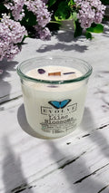 Lilac Blossoms Rocks candle side view showing Lepidolite crystal in soy wax