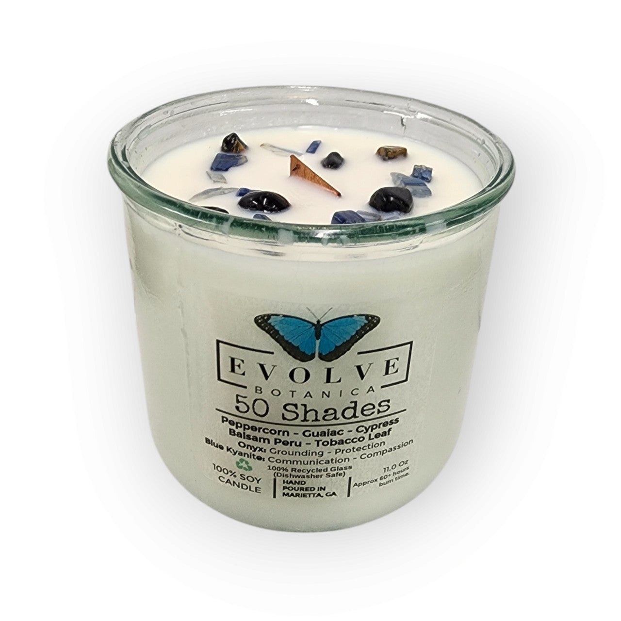 Evolve Botanica Rocks Candle – 50 Shades (Wood Wick, Onyx & Blue Kyanite, Soy Candle)