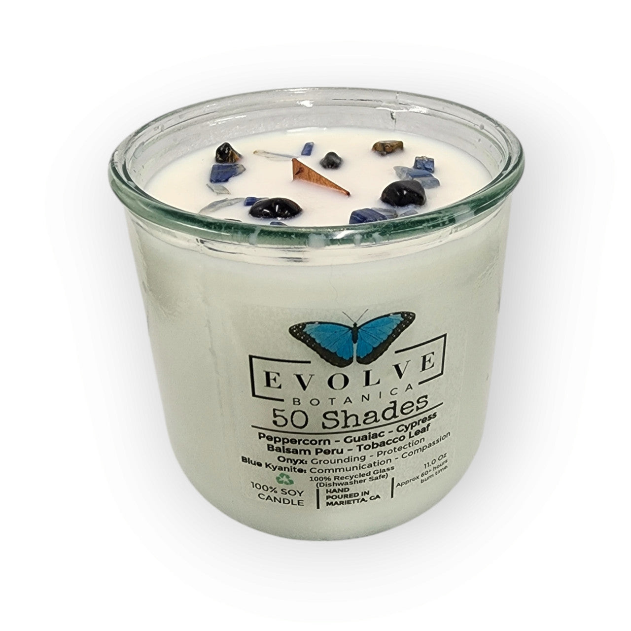 Evolve Botanica Rocks Candle – 50 Shades (Wood Wick, Onyx & Blue Kyanite, Soy Candle)