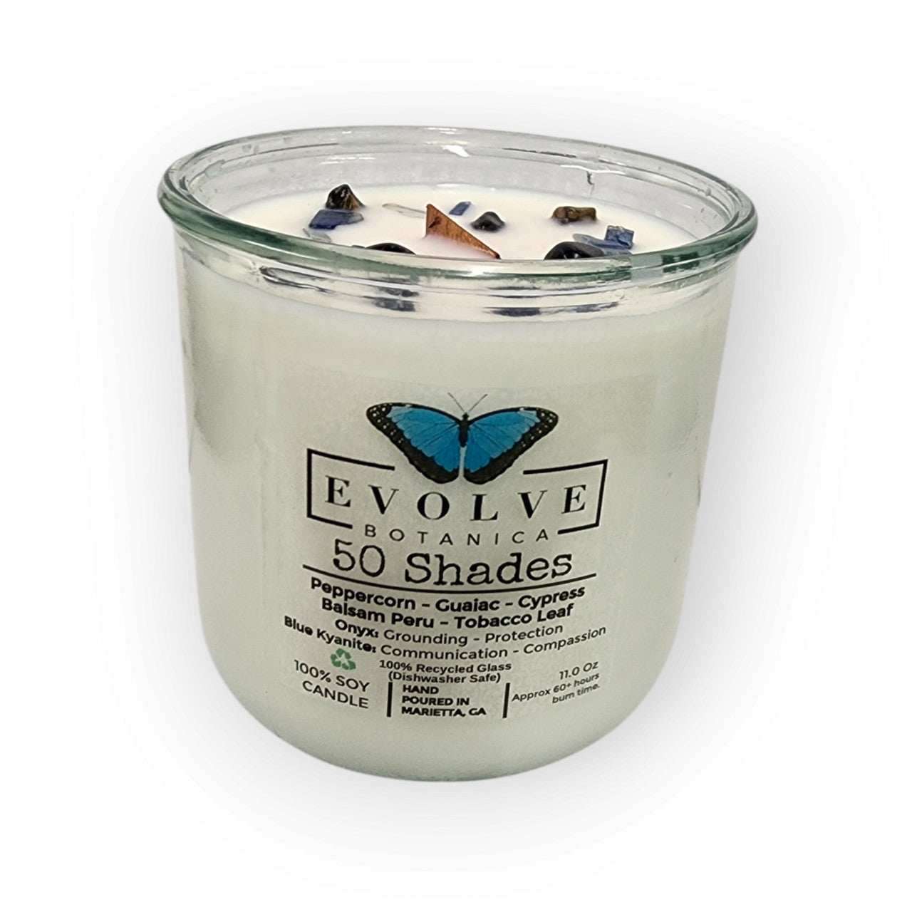 Evolve Botanica Rocks Candle – 50 Shades (Wood Wick, Onyx & Blue Kyanite, Soy Candle)