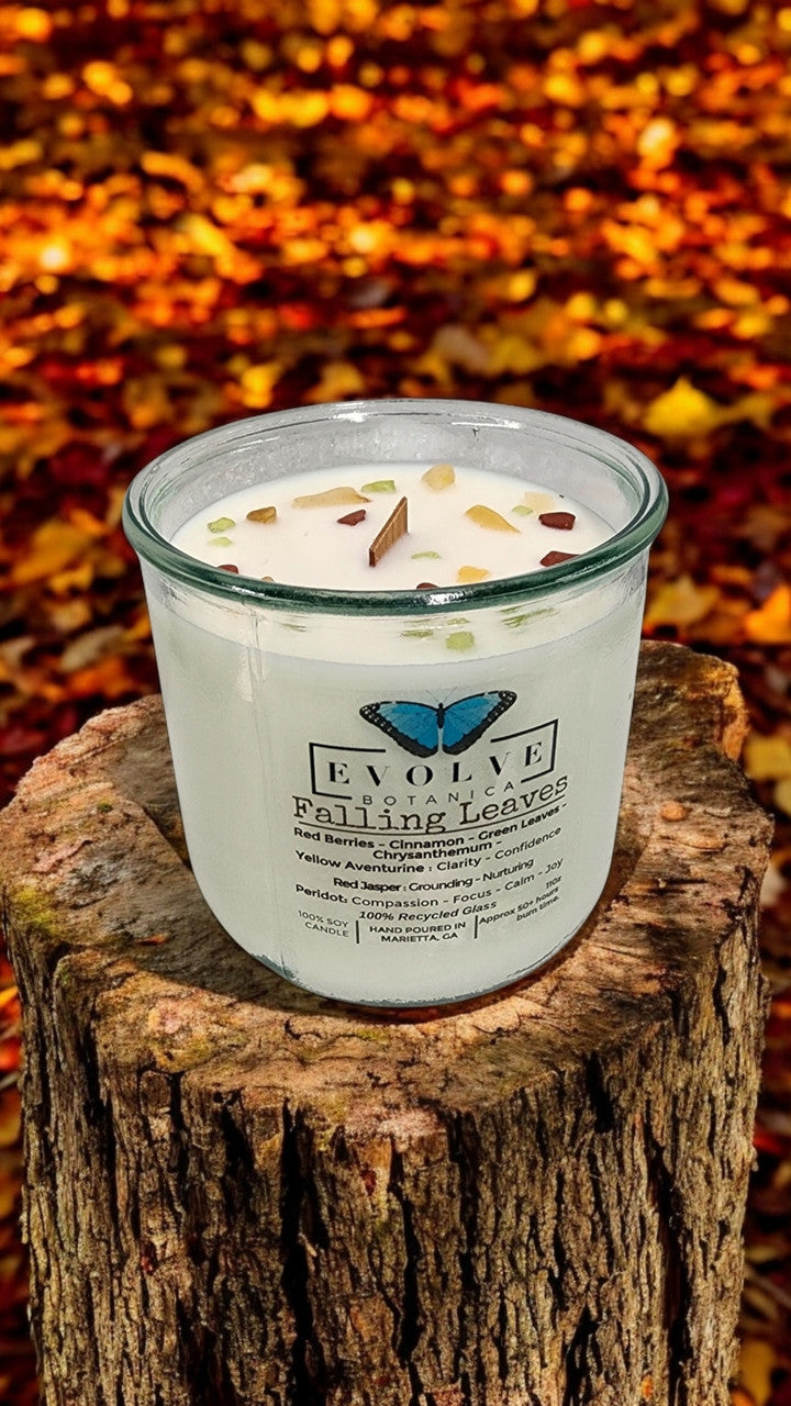 Rocks Candle - Falling Leaves (Wood Wick, Peridot, Red Jasper, & Yellow Aventurine Gemstone Soy Candle)