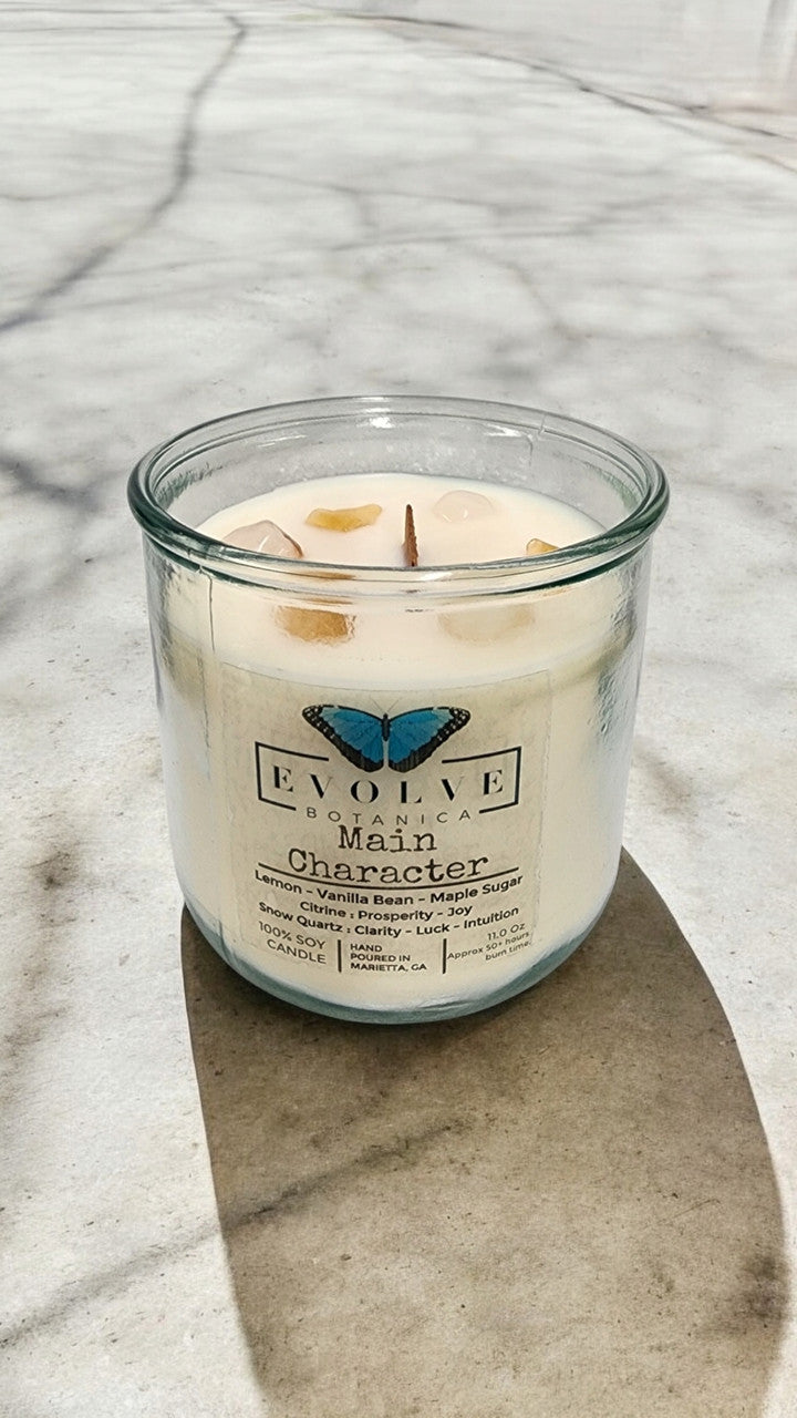 Evolve Botanica Rocks Candle - Main Character (Wood Wick Citrine & Snow Quartz Gemstone Soy Candle)