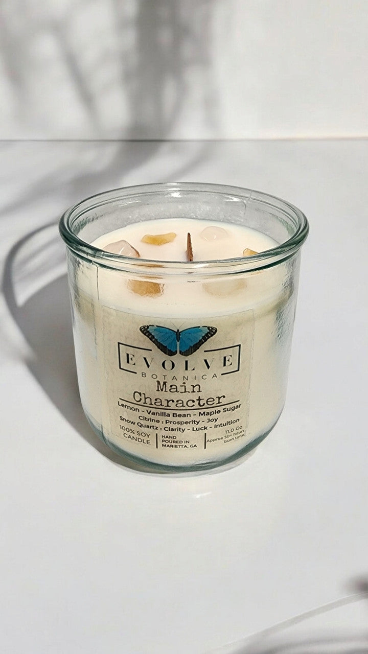 Evolve Botanica Rocks Candle - Main Character (Wood Wick Citrine & Snow Quartz Gemstone Soy Candle)