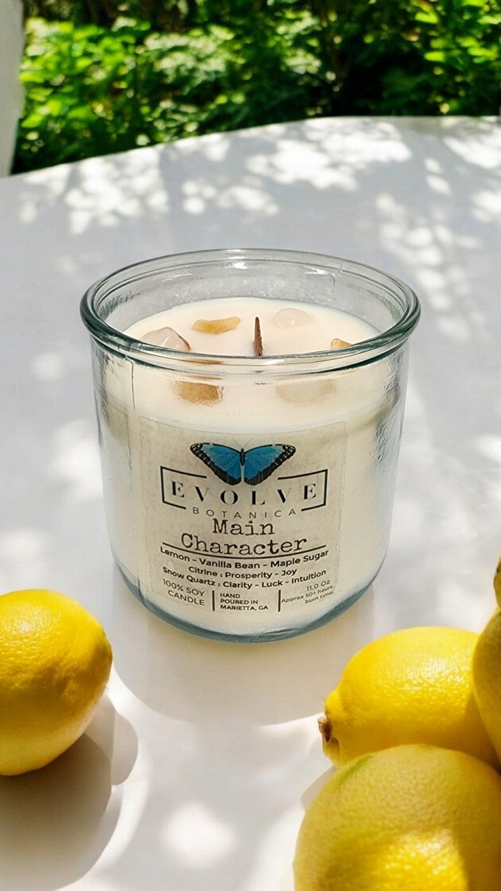 Evolve Botanica Rocks Candle - Main Character (Wood Wick Citrine & Snow Quartz Gemstone Soy Candle)