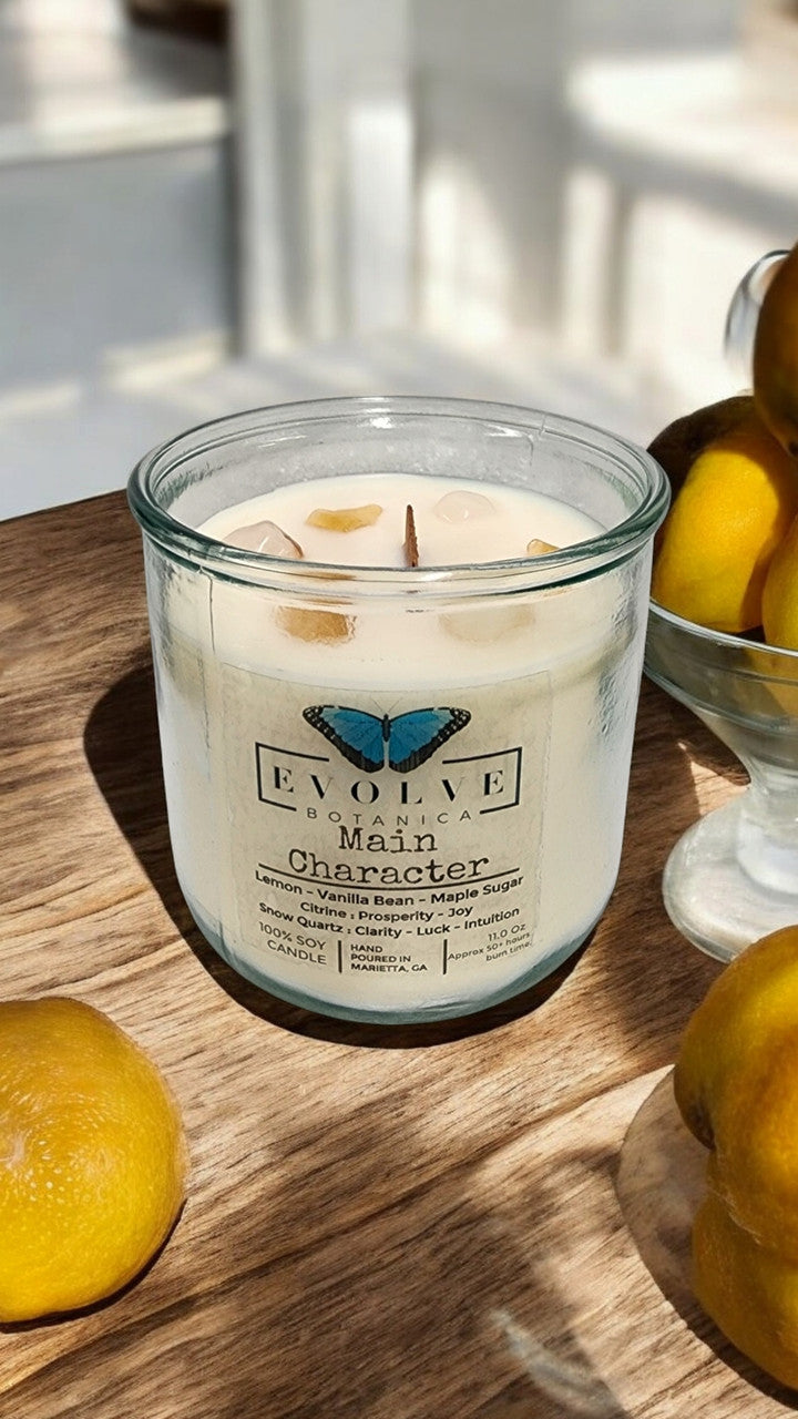 Evolve Botanica Rocks Candle - Main Character (Wood Wick Citrine & Snow Quartz Gemstone Soy Candle)