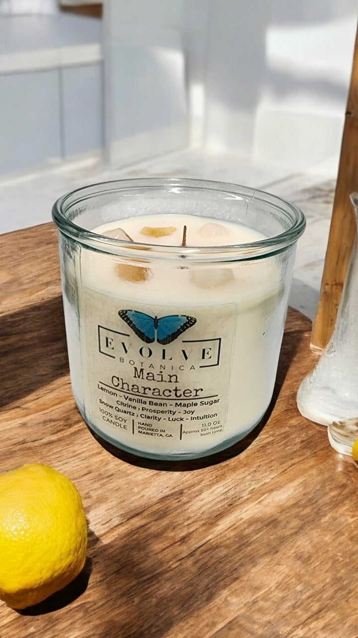 Evolve Botanica Rocks Candle - Main Character (Wood Wick Citrine & Snow Quartz Gemstone Soy Candle)