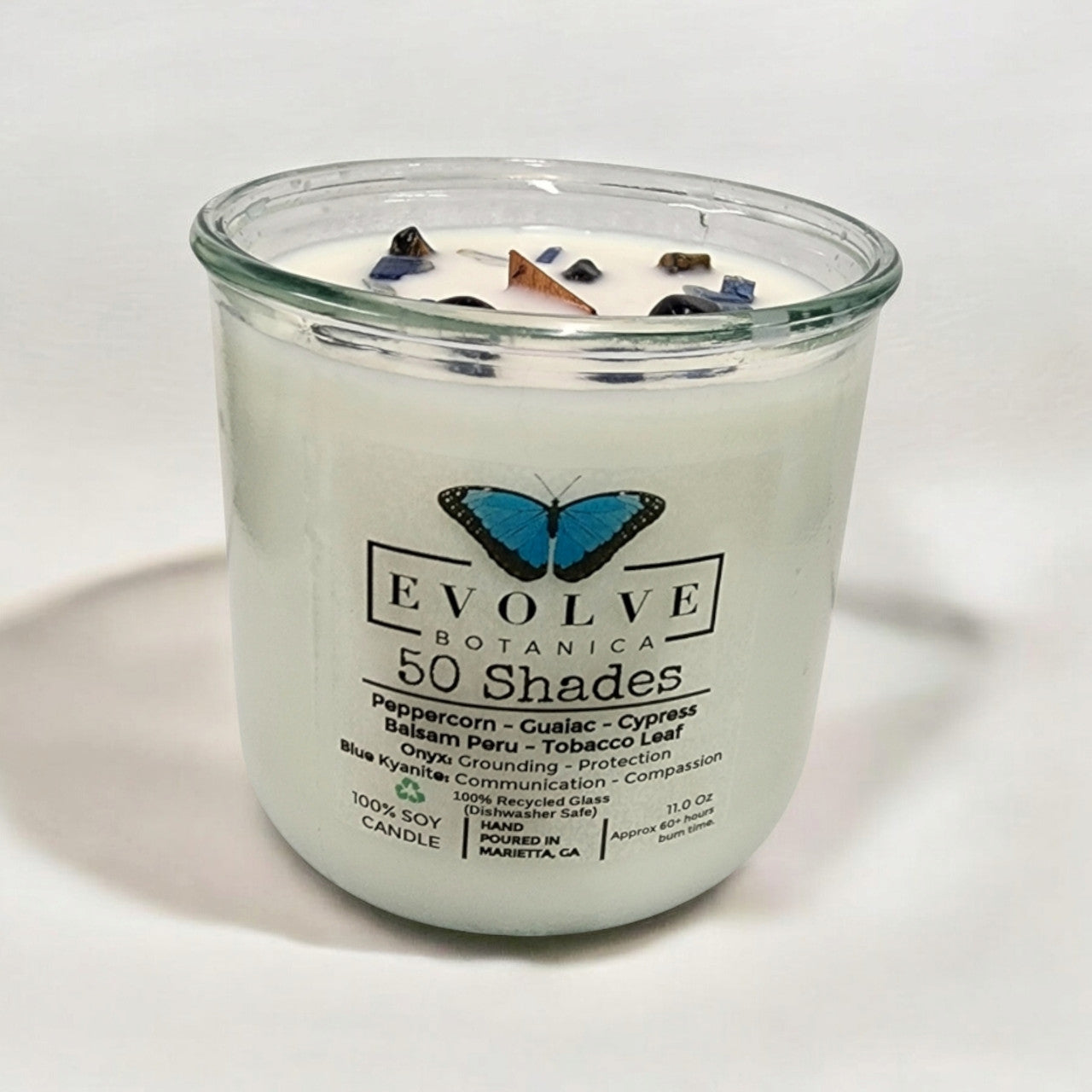 Evolve Botanica Rocks Candle – 50 Shades (Wood Wick, Onyx & Blue Kyanite, Soy Candle)