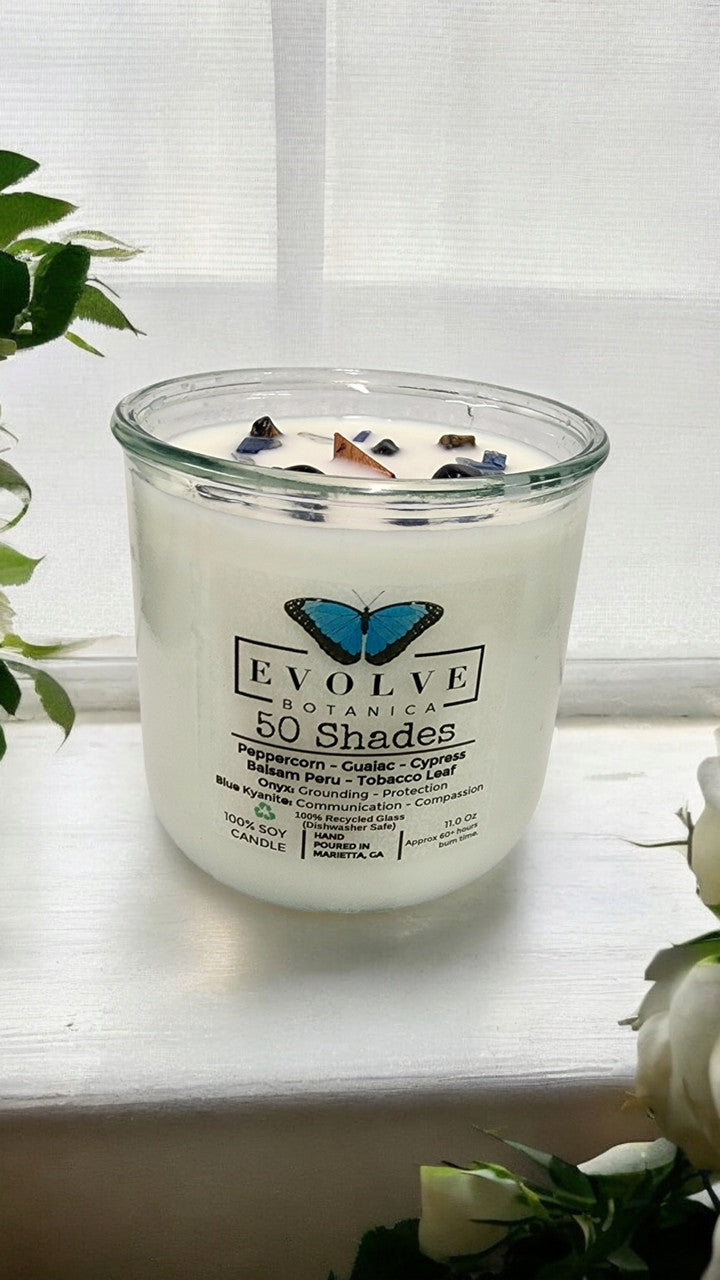Evolve Botanica Rocks Candle – 50 Shades (Wood Wick, Onyx & Blue Kyanite, Soy Candle)